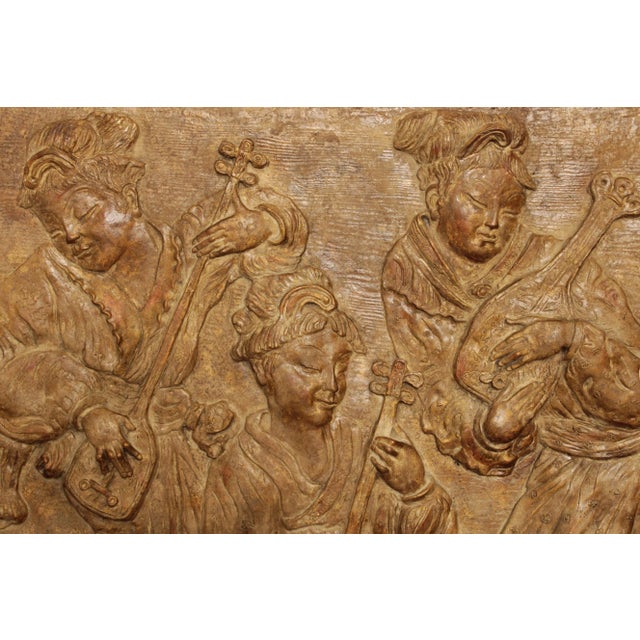 Mid 20th Century Chinese Musician Trio Large Carved Wall Relief Sculpture For Sale - Image 5 of 13