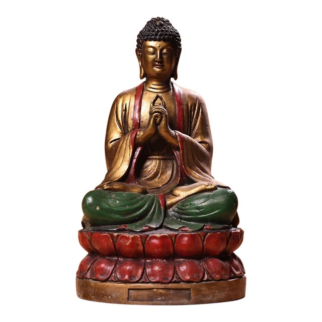 Vintage Painted Copper Buddha Statue on Double Lotus Base For Sale
