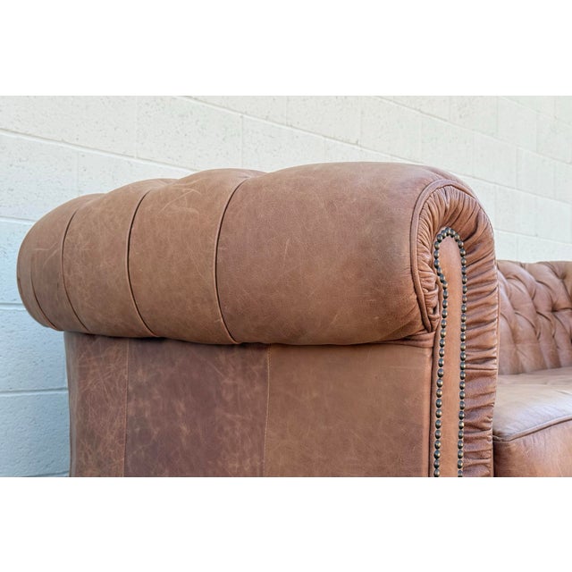1990s Vintage Distressed Leather Chesterfield Sofa | Made in Canada | Camel Brown | Circa 1990s For Sale - Image 5 of 18