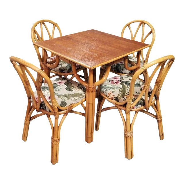 1950s Restored Rattan 3-Strand "Hour Glass" Dining Table & Chairs Dining Set of 5 For Sale
