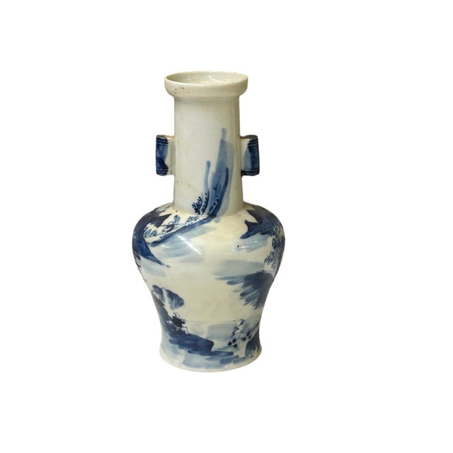 Oriental Small Blue White Scenery Graphic Porcelain Art Vase For Sale In San Francisco - Image 6 of 15