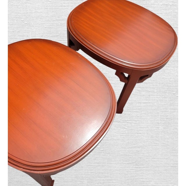 Red Vintage Palm Beach Regency Red Carved Oval Wood Ming Leg Side Tables by Jasper- A Pair For Sale - Image 8 of 8