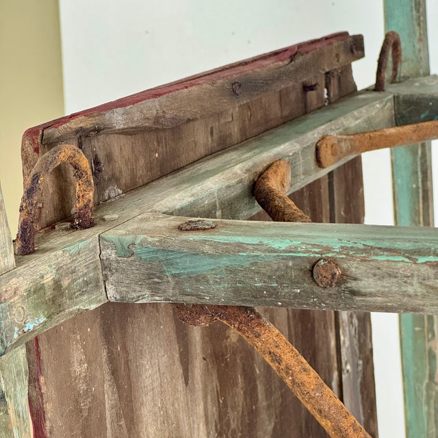 Rare & Marvelous 19th Century Primitive Hand Hewed & Forged Wood & Iron Sled, in Green & Red For Sale - Image 15 of 16