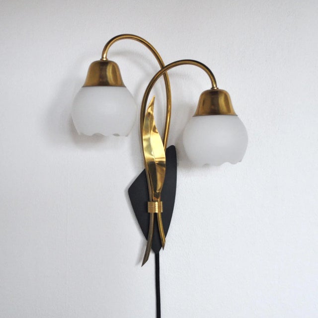Scandinavian Organic 2-Arm Wall Light in Brass and Opaline, 1940s For Sale - Image 3 of 15