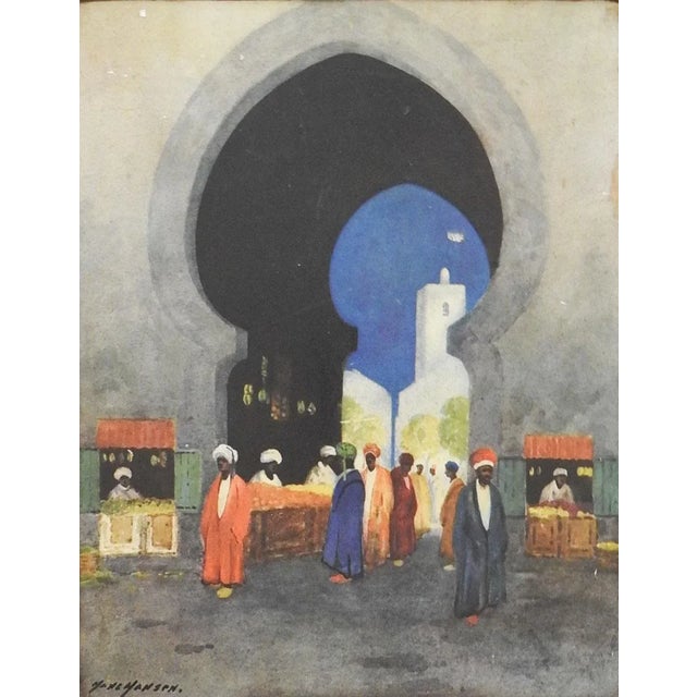 Vintage circa 1920's compo over wood molded frame with print imbedded. Middle eastern market scene, original Gesso Duro...