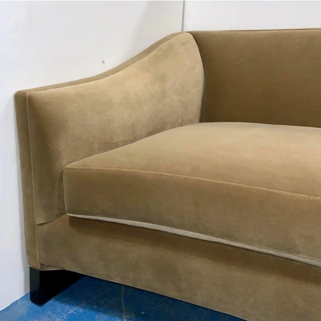 Stylish Caracole Modern Camel Velvet Sofa, black wood base, showroom floor sample