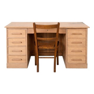 Vintage Pine and Oak Twin Pedestal Desk with Drawer For Sale