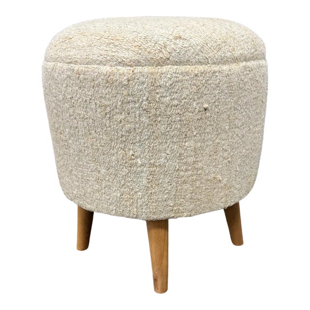 Vintage Handwoven Hemp Pouf Beige & Teal 1960s For Sale