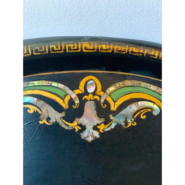 19th Century Black Paper Mache VictorianTray With Mother of Pearl Inlay For Sale - Image 4 of 7