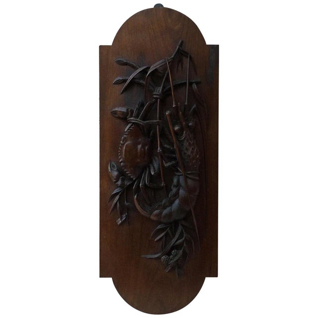 Brown Asian Wood Carved Wall Plaque with Crab and Lobster For Sale - Image 8 of 8
