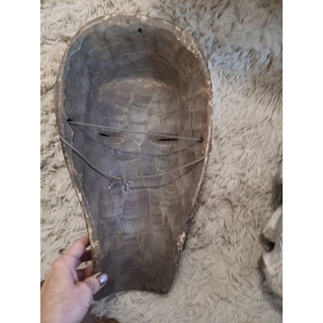 Extraordinary Vintage African Tribal Mask Pair – Dramatic Hand Carved Wall Sculptures For Sale - Image 9 of 10