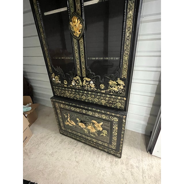 Paint Vintage Korean 1960's Black Lacquer Chinoiserie Display Cabinet With Gilt Relief – 80” Tall Curio Vitrine For Sale - Image 7 of 10