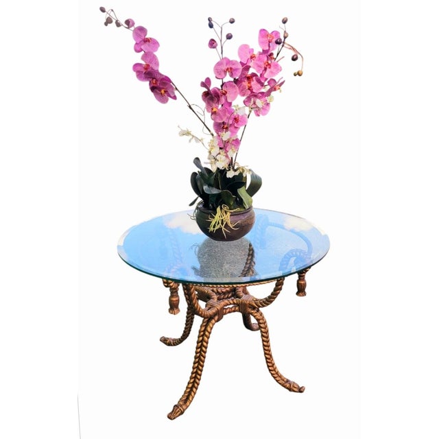 Gold Vintage Hollywood Regency Dorothy Draper Style Rope and Tassel Glass Top Entry Side Table For Sale - Image 8 of 11