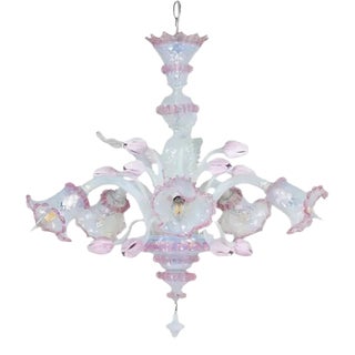 Vintage Baroque Style Opaline Murano Chandelier With Pink Lattimo Tulips and Rigaree Trim For Sale