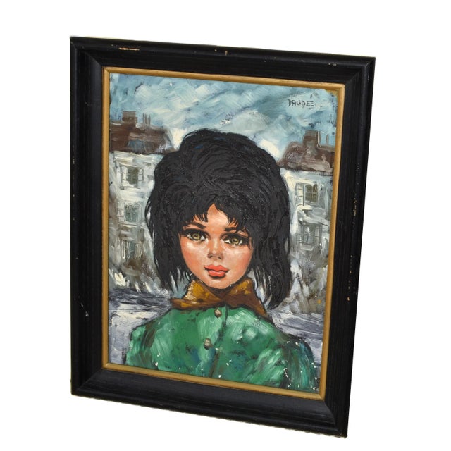 1960 Andre Daude Big Eyed French Girl Painting Oil Canvas Black Frame Green Coat For Sale - Image 4 of 13
