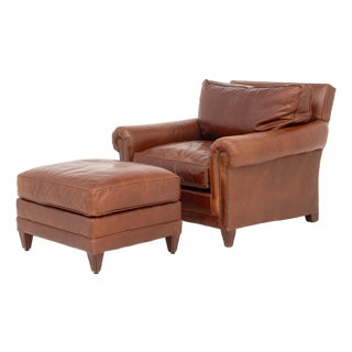 Ralph Lauren Leather Club Armchair & Ottoman For Sale