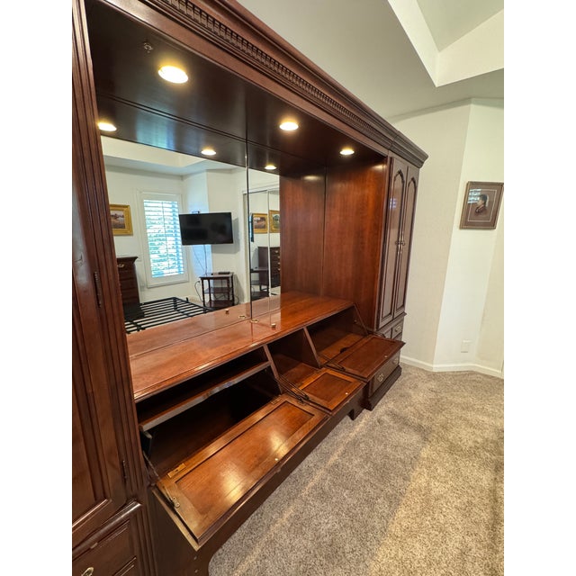 Burgundy Vintage Thomasville Illuminated Cherry Queen Bed Unit- Headboard, Bridge, Nightstand Armoires, & Mirror For Sale - Image 8 of 18
