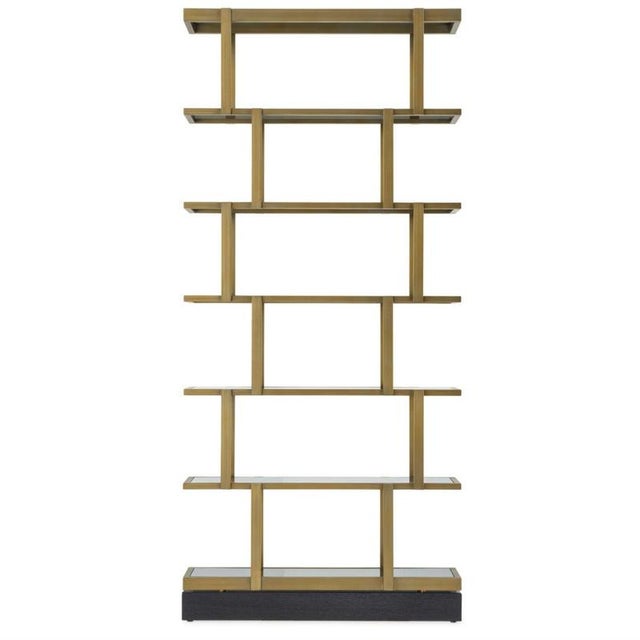Industrial Shelves in Brushed Brass Finish and Smoked Glass For Sale - Image 3 of 7