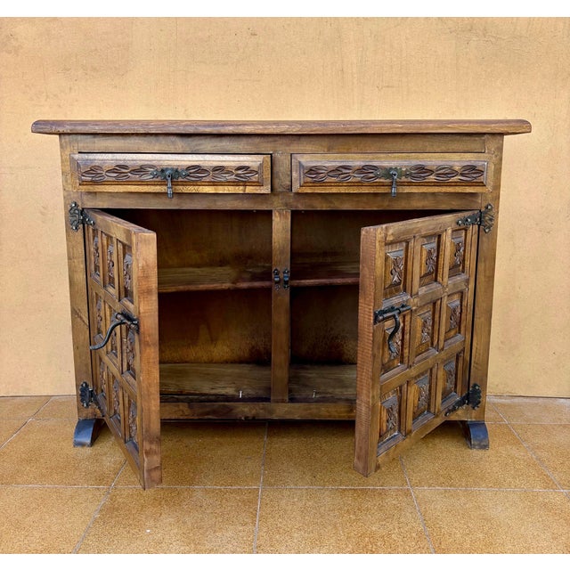 Wood Spanish Revival Carved Wood Cabinet with Iron Hardware, 1940s For Sale - Image 7 of 8