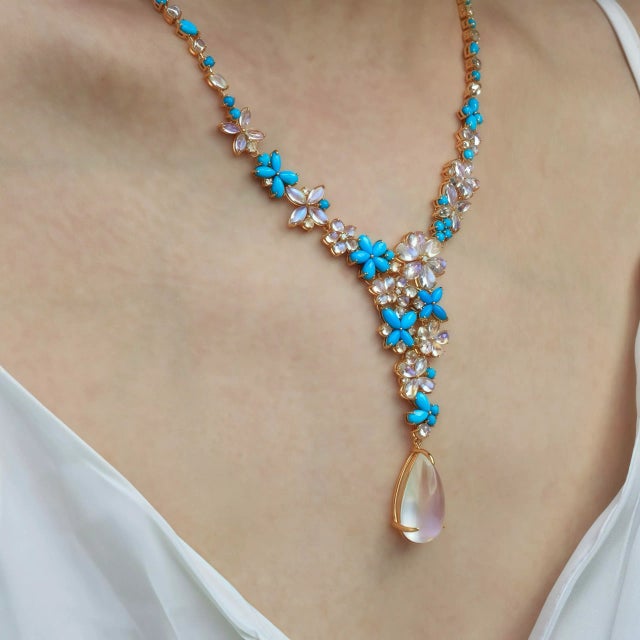 Nina Zhou Symphony Turquoise Moonstone Diamond Necklace in 14k Yellow Gold For Sale In Los Angeles - Image 6 of 7