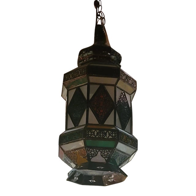 Flat Bottom Moroccan Multicolor Glass Lantern For Sale