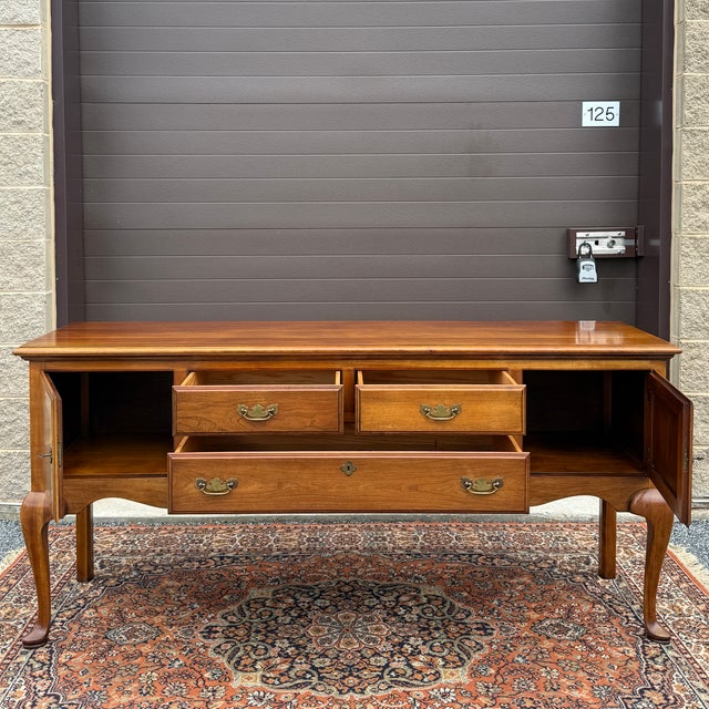 Wood Vintage Statton Queen Anne Solid Cherry 3 Drawer Locking Sideboard or Buffet For Sale - Image 7 of 17