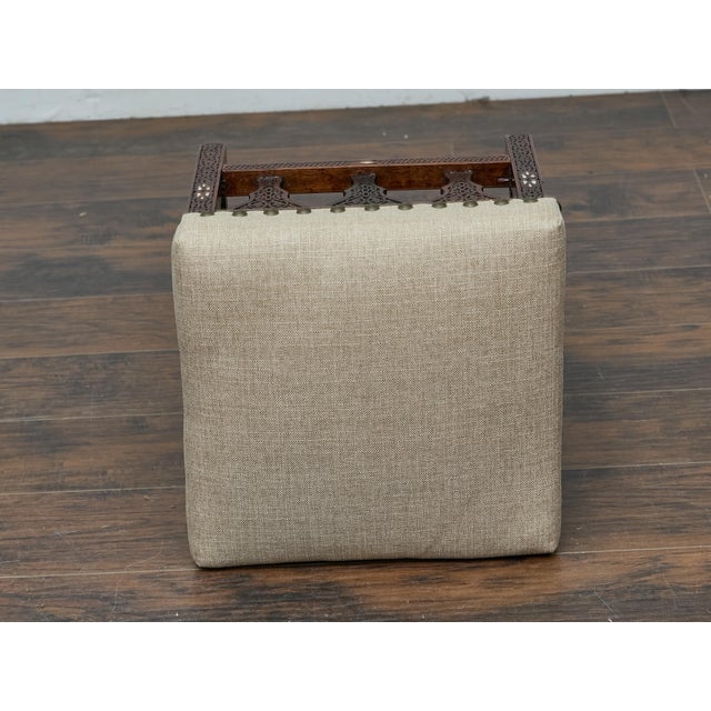 Antique Moroccan Hand-Carved Stool with Custom Linen Upholstery, Circa 1900 For Sale - Image 4 of 12