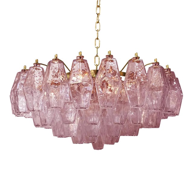Poliedro Murano Glass Pink Chandelier With Gold Metal Frame For Sale