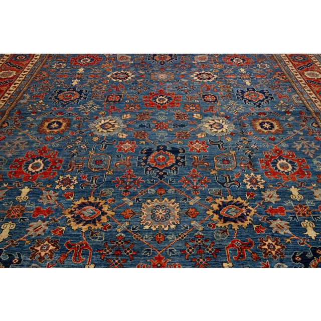 Textile Floral Modern Serapi Style Wool Rug With Navy Blue Field For Sale - Image 7 of 9