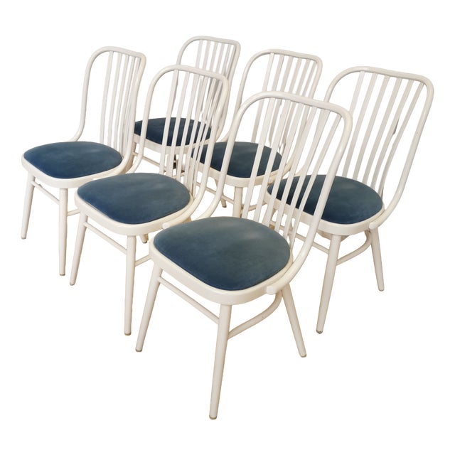Vintage White Bentwood Dining Chairs with Blue Fabric Seats, 1970s, Set of 6 For Sale