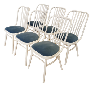 Vintage White Bentwood Dining Chairs with Blue Fabric Seats, 1970s, Set of 6