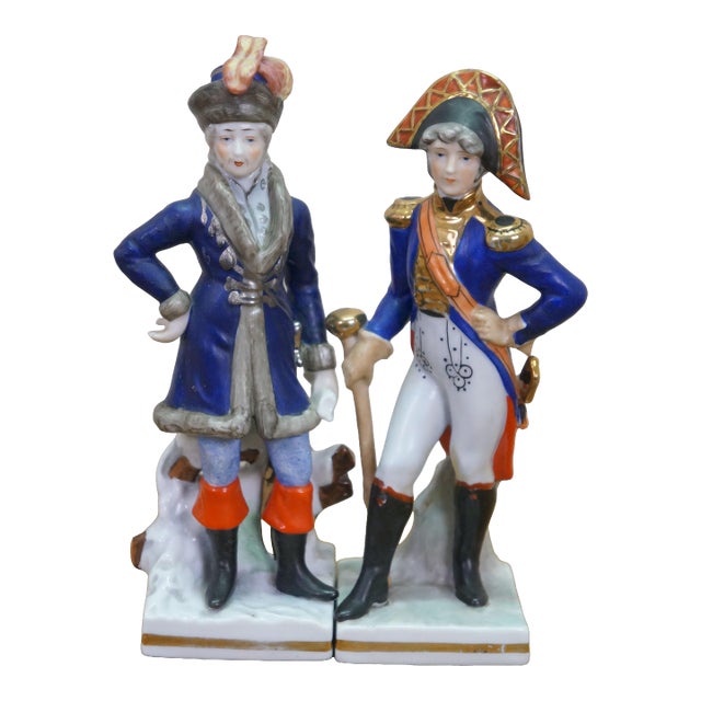 Antique Sitzendorf Voigt Brothers Porcelain Napoleonic Soldier Figurines 8" For Sale