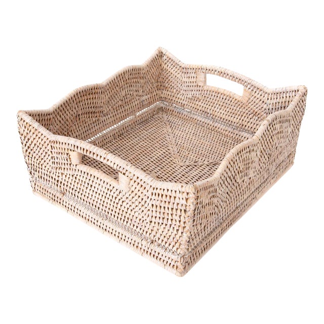 Artifacts Rattan Scallop Collection Shelf Basket in White Wash - 14" For Sale
