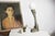 Vintage sculptural table lamp with a tall carved free-form tree trunk wood base, with a white opal glass globe. One...