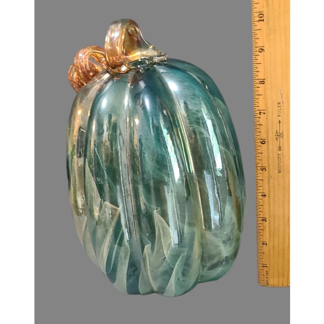 Late 20th Century Art Glass Hand Blown Teal Blue & Gold Iridescent Decorative Pumpkin For Sale - Image 4 of 8