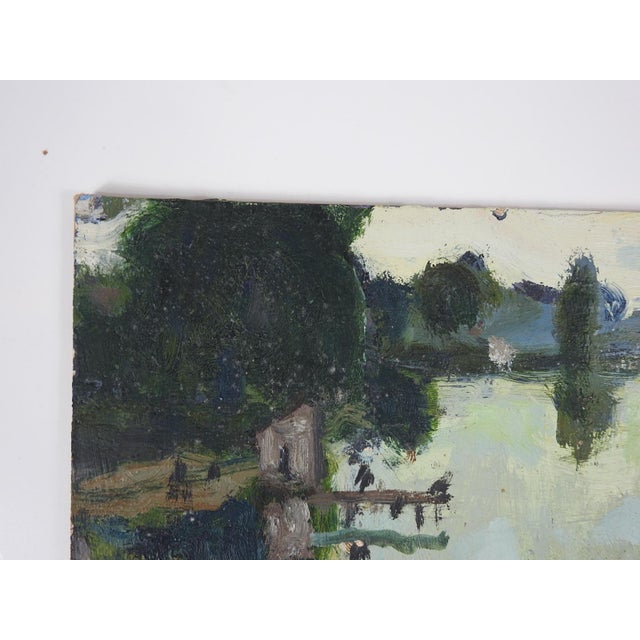 Small early 20th century plein air oil on canvas board impressionist painting of french river landscape scene by Bernard...