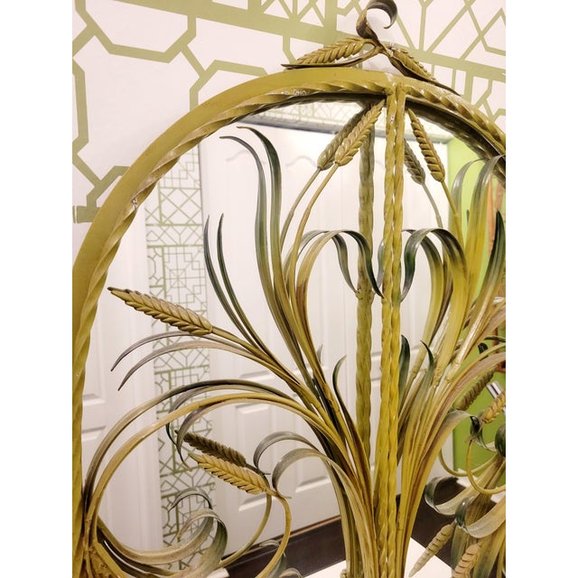 Vintage Lime Green Metal Tole Palm Leaf Sheaf of Wheat Regency Oval Wall Mirror For Sale - Image 9 of 9