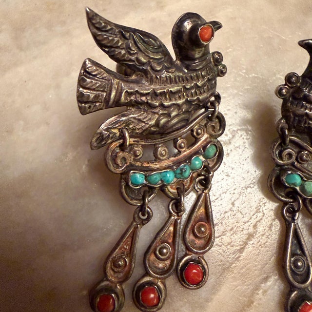 William Spratling Vintage DoveMexican Sterling Silver Earrings Matilde Poulat Matl Turquoise Coral For Sale - Image 4 of 15