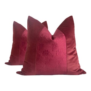 Red Wine Velvet and Brocade Pillows - a Pair For Sale