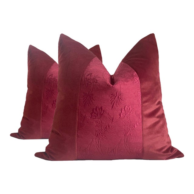 Red Wine Velvet and Brocade Pillows - a Pair For Sale
