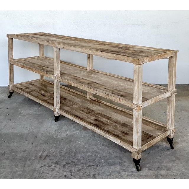 Late 20th Century Vintage Rustic Plank Wood Three Tier Console on Casters For Sale - Image 5 of 12