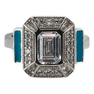 Sterling Silver Pave Diamond & Turquoise Enamel Ring, Size 5 For Sale