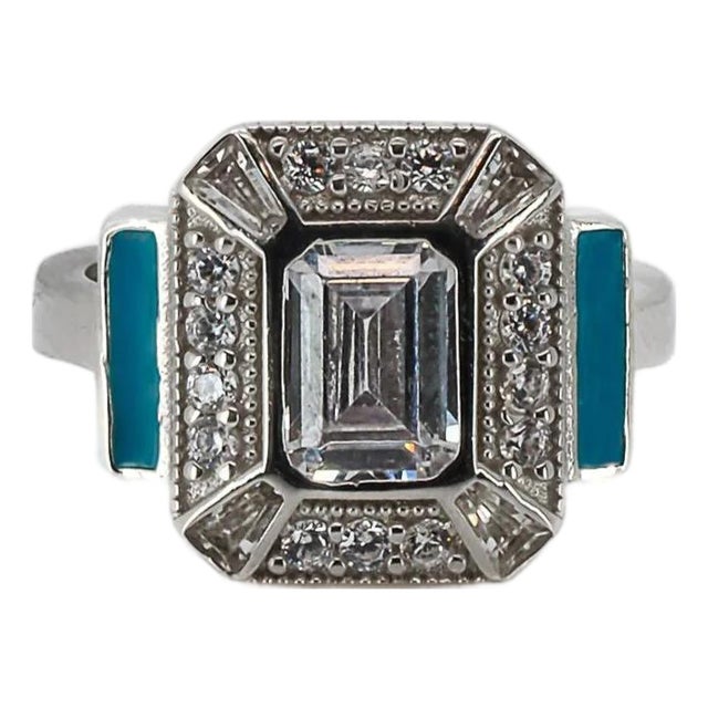 Sterling Silver Pave Diamond & Turquoise Enamel Ring, Size 5 For Sale