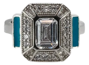 Sterling Silver Pave Diamond & Turquoise Enamel Ring, Size 5