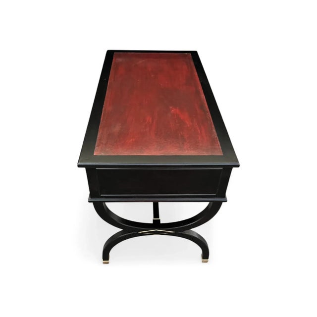 Mid 20th Century Hollywood Regency Ebonized Desk With Cognac Leather Top by Sligh-Lowry For Sale - Image 16 of 17