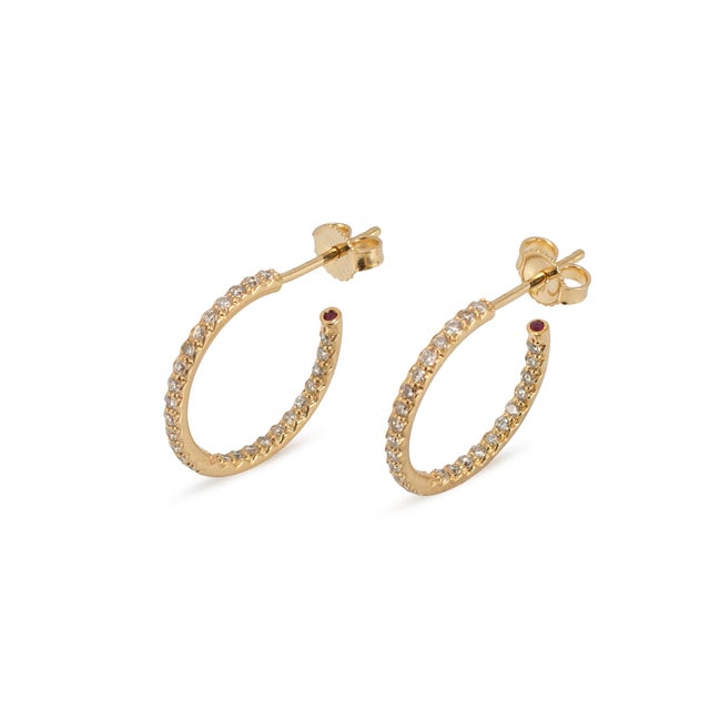 Modern 18k Yellow Gold 0.63ctw Pave Diamond and Ruby Open Hoop Earrings, A Pair For Sale - Image 3 of 8