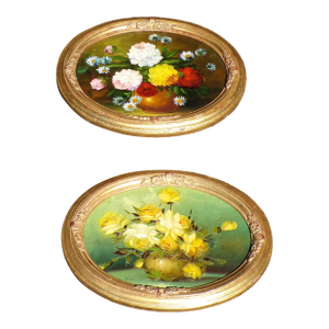 Vintage Pair Floral Still Life O/C Oil Paintings Oval Gold Frames Signed