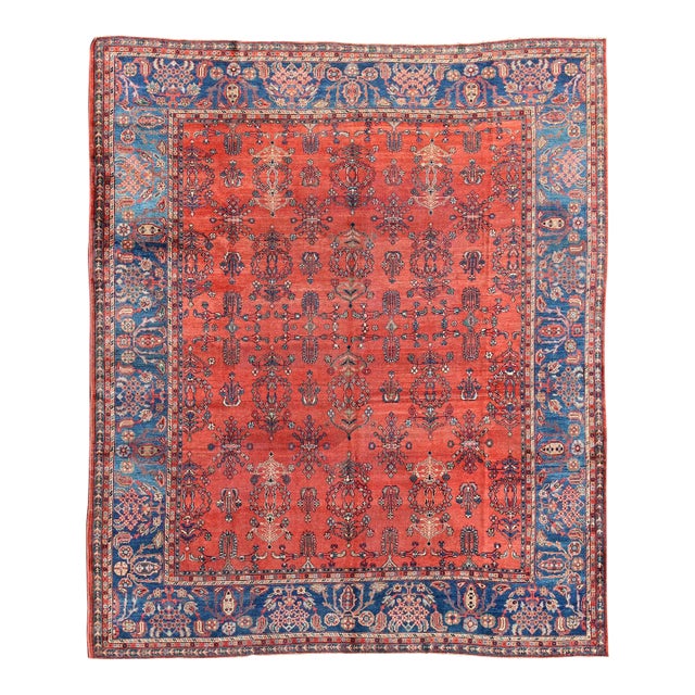 Square-Sized Antique Persian Sultanabad Rug in Terracotta Red and Medium Blue 10'7"x11'9" For Sale