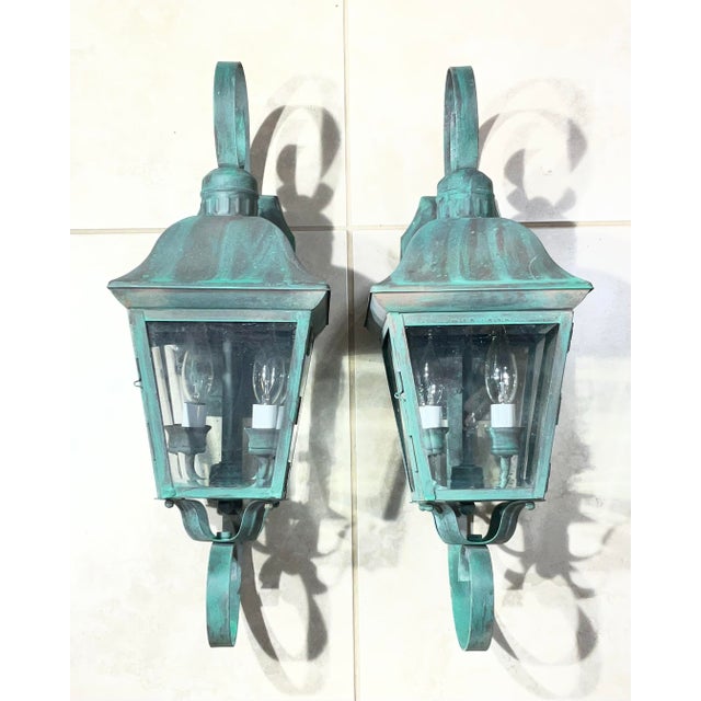 Turquoise Pair of Vintage Solid Brass Outdoor Wall Lanterns - 22”h X 7”.5 W X 7”.5 D For Sale - Image 8 of 15