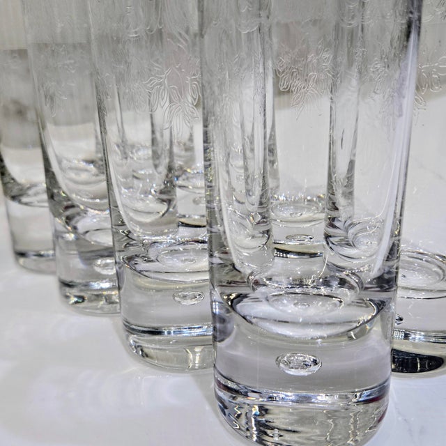Vintage Etched Floral Highball Glasses With Silver Overlay Scroll Rims and Bubble Bases, Set of 8 For Sale - Image 9 of 11